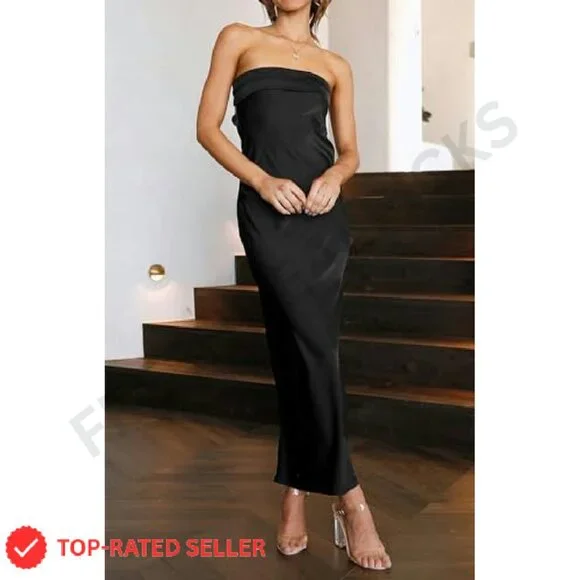 Satin Strapless Backless Maxi Dress Elegant Formal Party Bodycon Chic - Picture 4 of 8